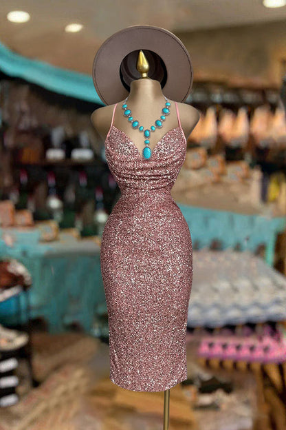 Shiny V-Neck Pleated Backless Sequin Dress