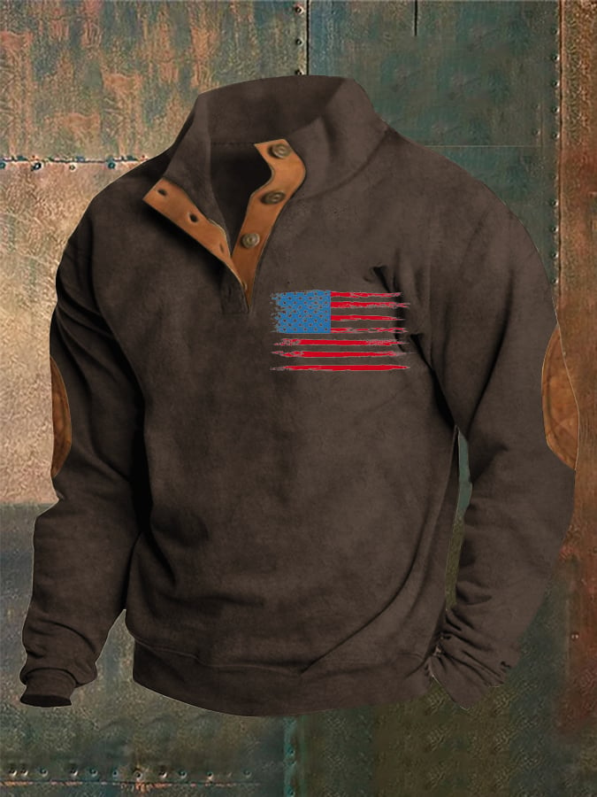 Men's Retro Flag Print Stand Collar Button Sweatshirt