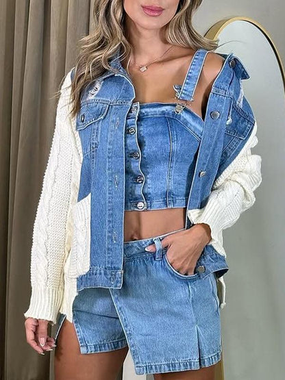 Women's Lapel Denim Patchwork Sweater Sleeve Coat