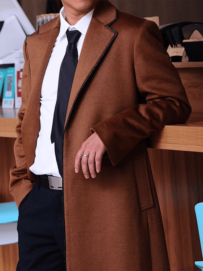 Men's Fashionable With Open Pockets And Contrasting Color Design Casual Woolen Coat