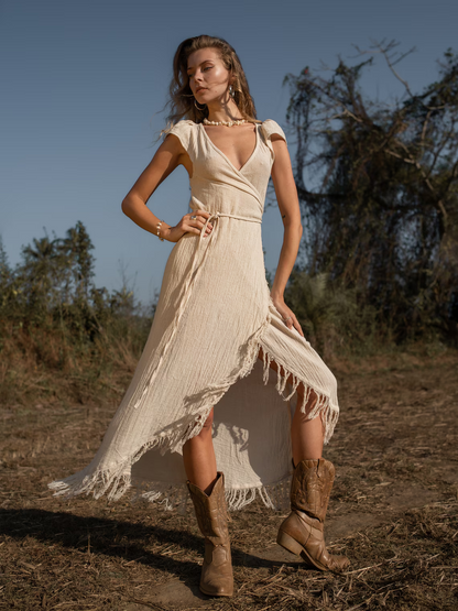 Wrap-style asymmetrical dress/Bohemian goddess dress/Bohemian fringed dress/Off-white summer dress