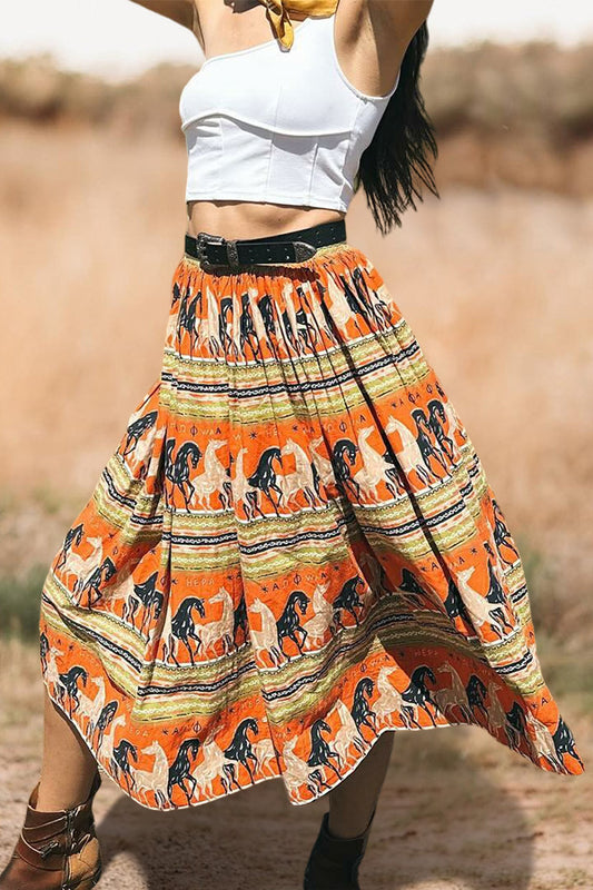 Retro Horse Print Maxi Skirt