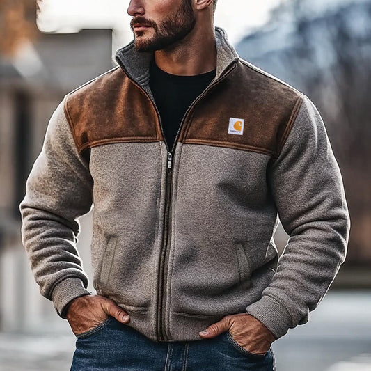 Men's Vintage Panelled Suede Stand Collar Sweatshirt Jacket