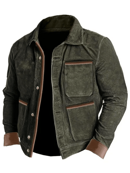 Men's Vintage Suede Leather Paneled Pocket Outdoor Jacket