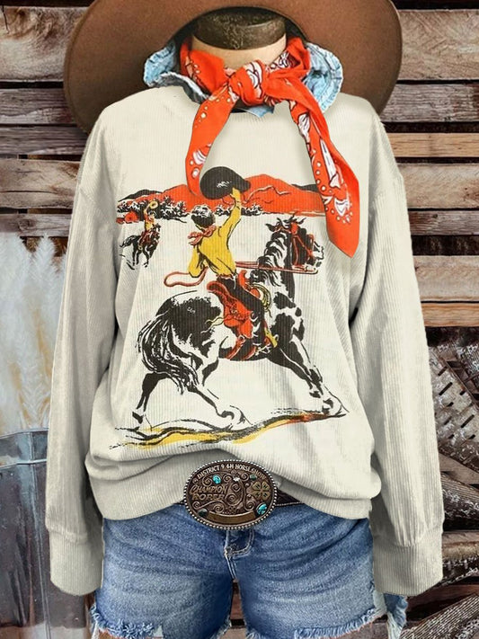 Women's Vintage Cowboy Casual Print Corduroy Sweatshirt