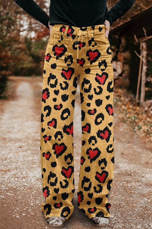 Valentine's Day Leopard Print Washed Wide Leg Pants