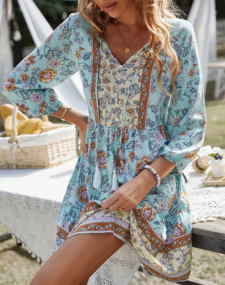 V-neck Print Casual Bohemian Lace-up Mini Dress