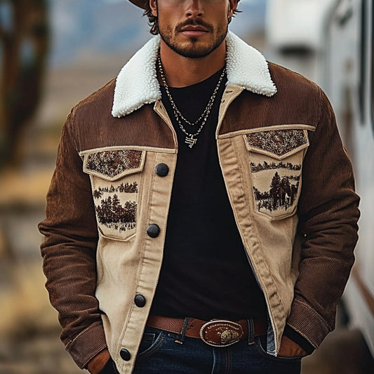 Men's Vintage Western Cowboy Printed Sherpa Jacket