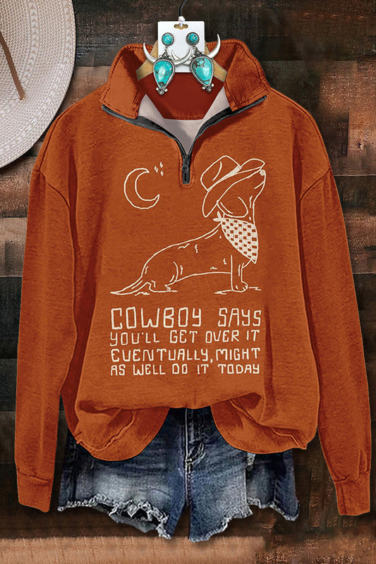 Cowboy Dachshund Print Zipper Sweatshirt