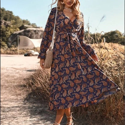 Boho Paisley Floral Print Overlap Neck Flounce Sleeve Maxi Dress