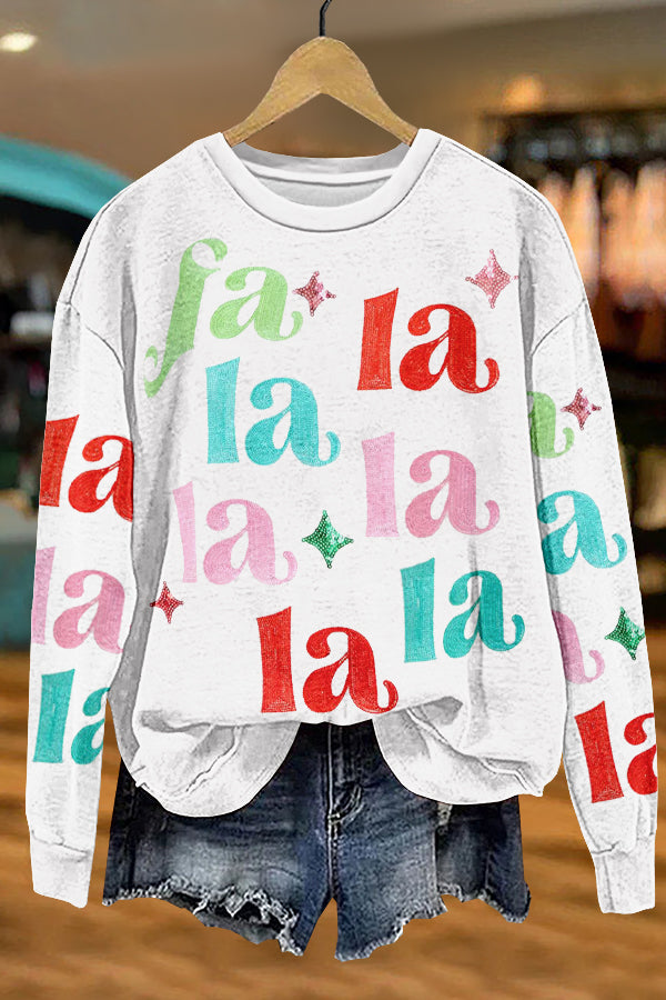 Shiny Christmas Fa La La Print Sweatshirt