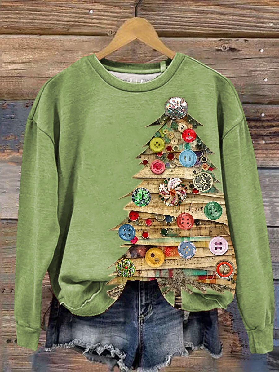 Vintage Christmas Tree Print Casual Sweatshirt