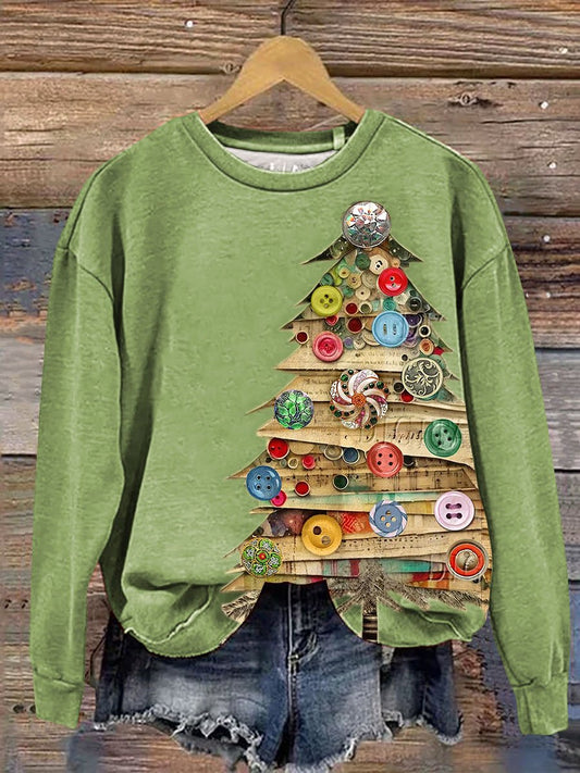 Vintage Christmas Tree Print Casual Sweatshirt