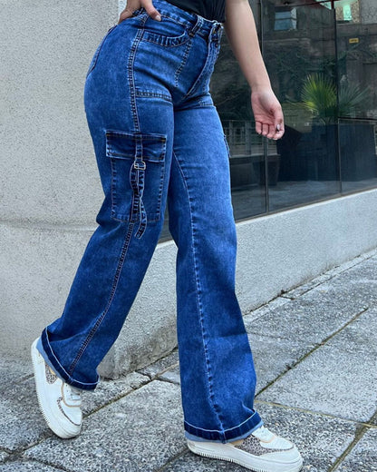 Women's High Waist Cargo Jeans Flap Pocket Wide Leg Denim Pants