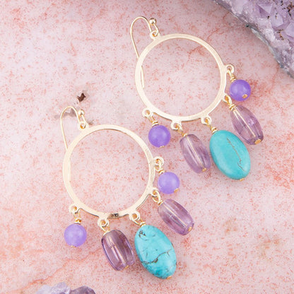 Barse Purple Periwinkle Amethyst and Blue Magnesite Golden Chandelier Earrings