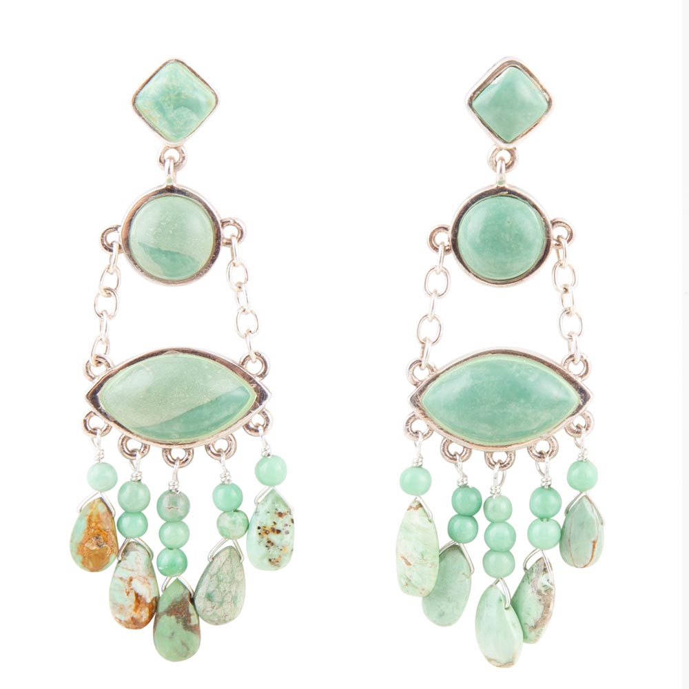 Deco Green Turquoise and Sterling Silver Chandelier Earrings