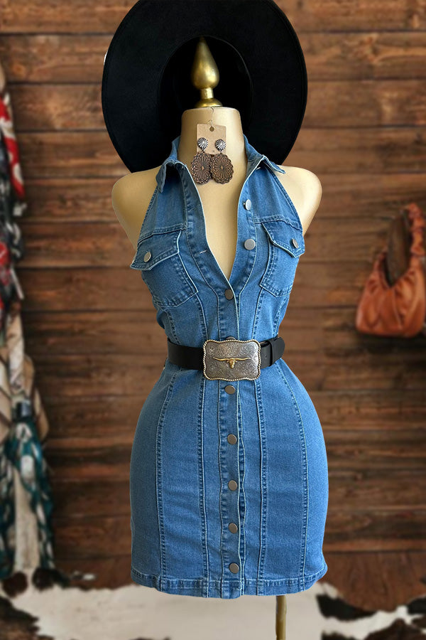 Buttoned Sleeveless Denim Dress