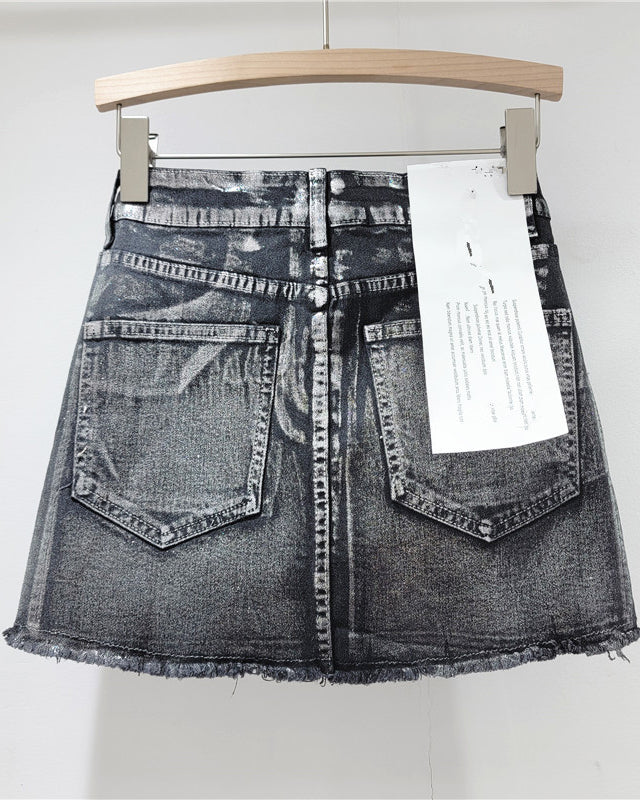 A-Line Hot Stamping High-Waist Hip-Hugging Denim Skirt