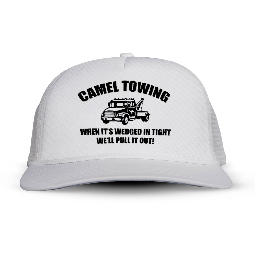 Camel Towing When It's Wedged In Tight We'll Pull It Out letter Printed and truck Printed Trucker Hat