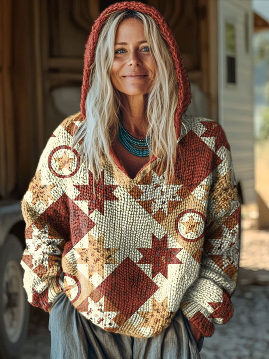 Tribal-Aztec Art Print Knit Pullover Hooded Sweater