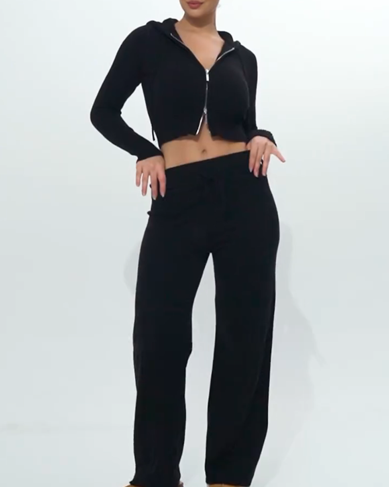 Knit Hooded High Waist Long Sleeved Trousers Suit (Pre-Sale)