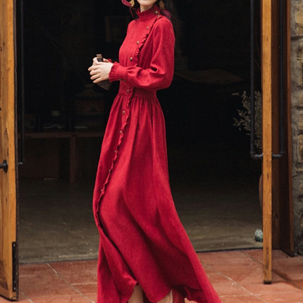 Ethnic Style Red Long Dress French Style Long Sleeve Dress