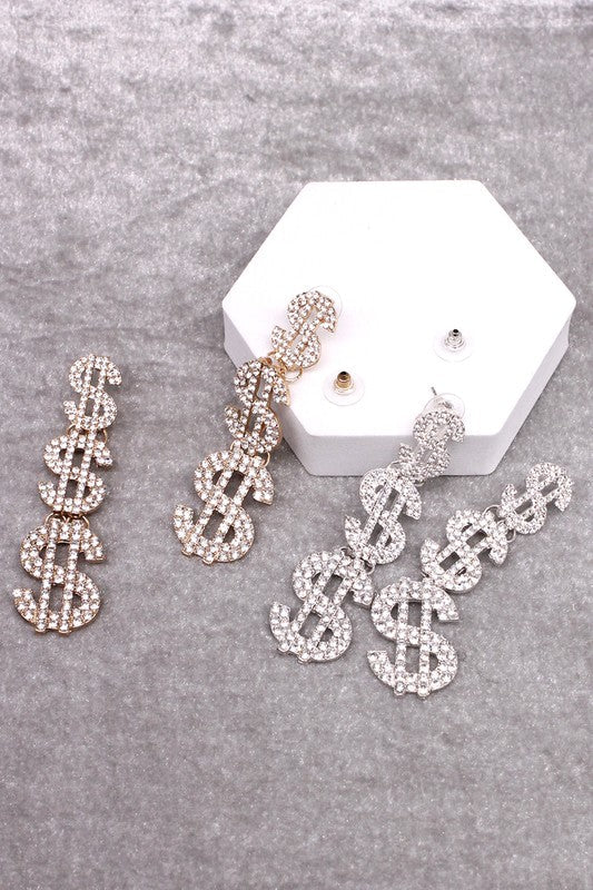 Rhinestone Money Sign Dangle Earrings choice of color