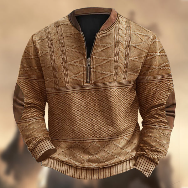 Men's Vintage Country Western Knitted Print Zipper Stand Collar Casual Sweatshirt