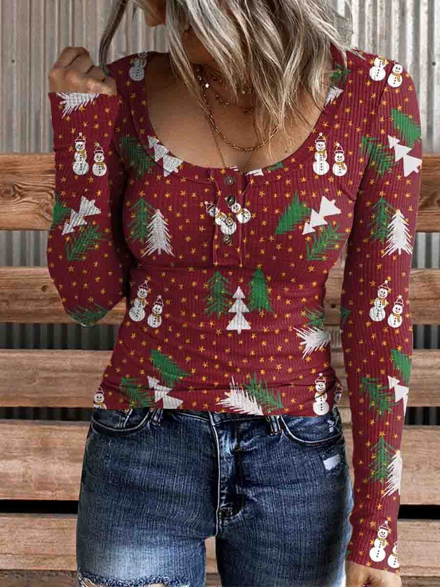 Women's Christmas Tree Print  Comfortable Cotton Henley Shirt