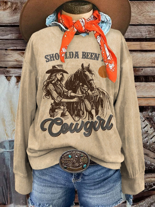 Women's Shouldve Been A Cowgirl Print Casual Corduroy Sweatshirt