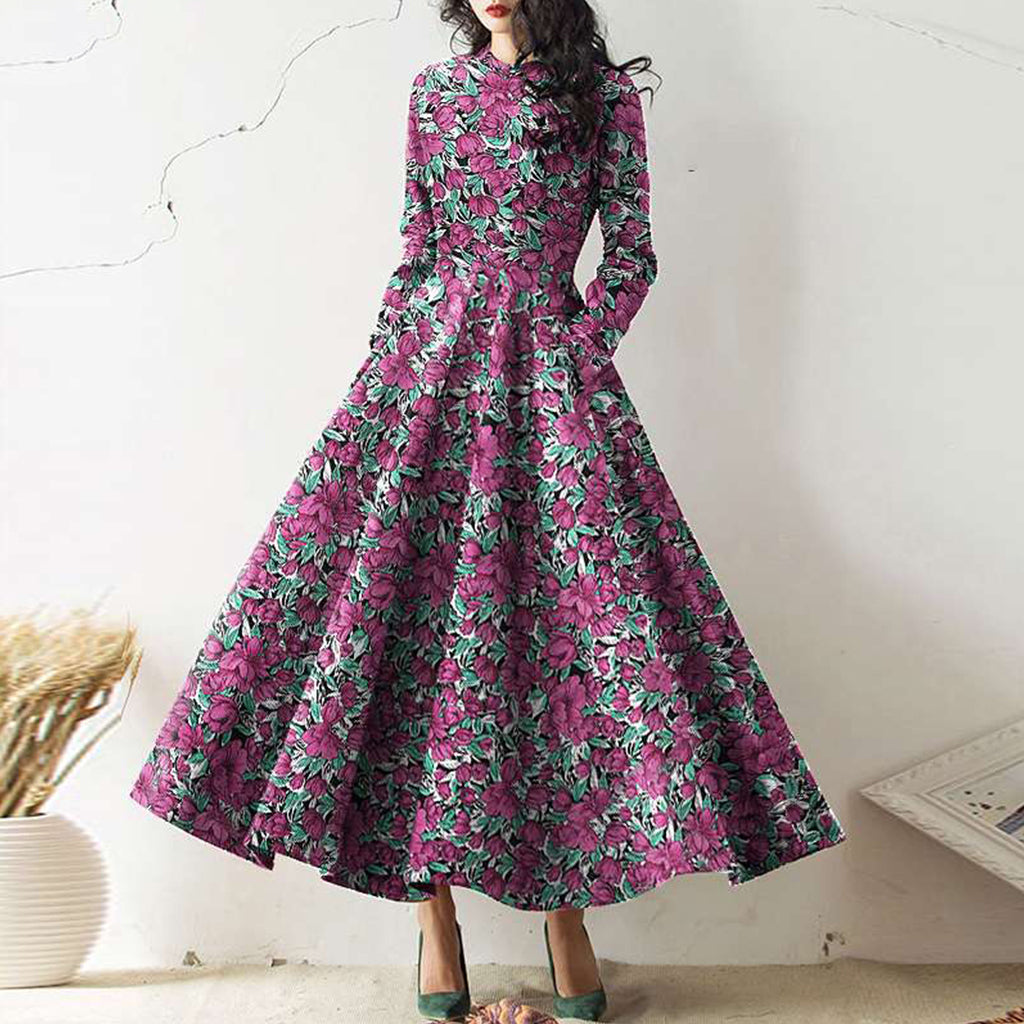 Long Sleeve Round Neck Pocket Print Temperament Long Dress