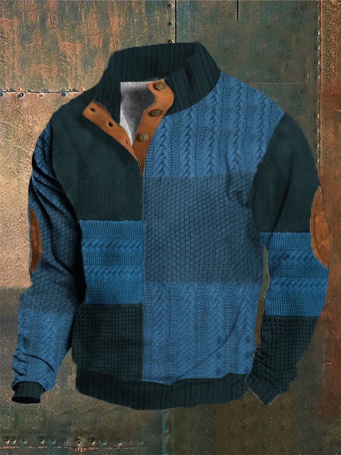 Men's Western Vintage Knitted Patchwork Printed Stand Collar Button Sweatshirt