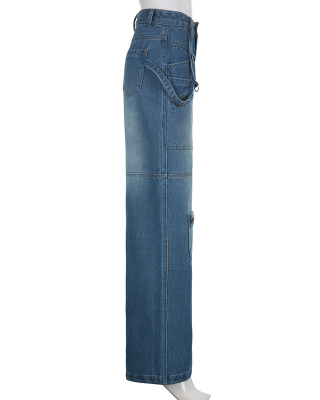 Zippered Multi-Pocket Workwear High-Waisted Wide-Leg Jeans