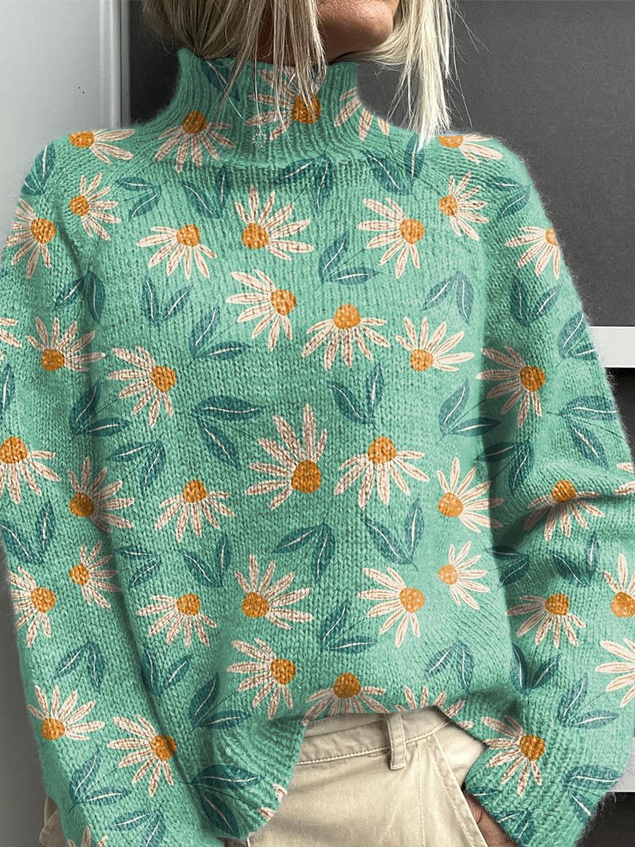 Vintage Floral Art Print Knit Turtleneck Pullover Sweater