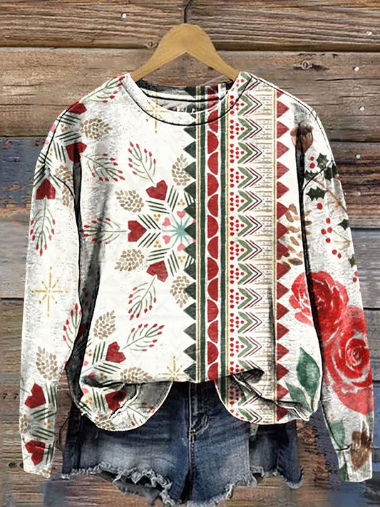 Christmas Triangle Floral Art Print Casual Sweatshirt