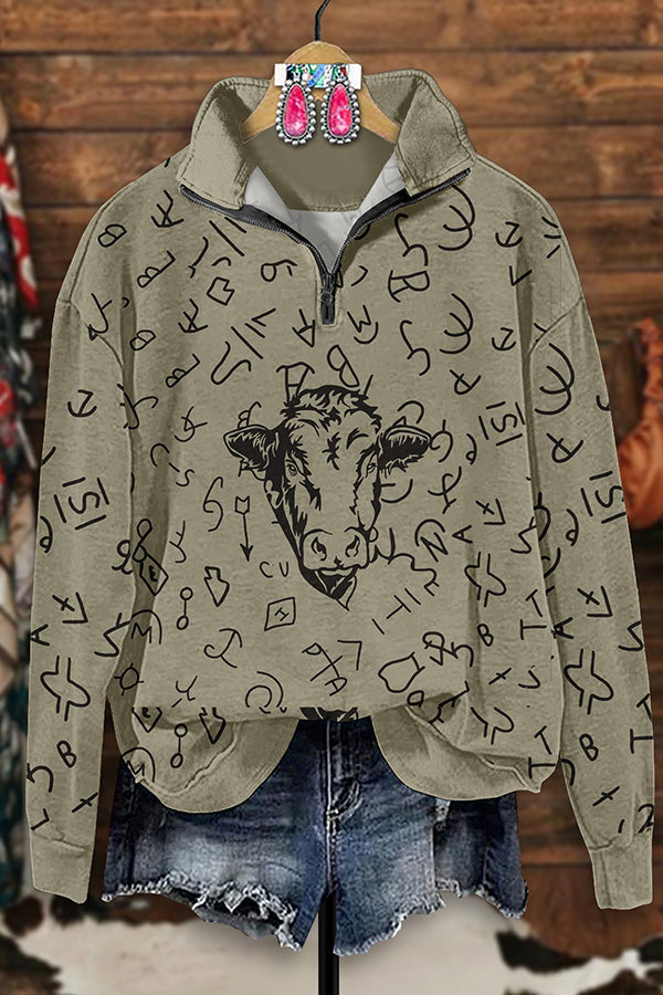 Retro Western Cow Print Zip-Up Sweatshirt