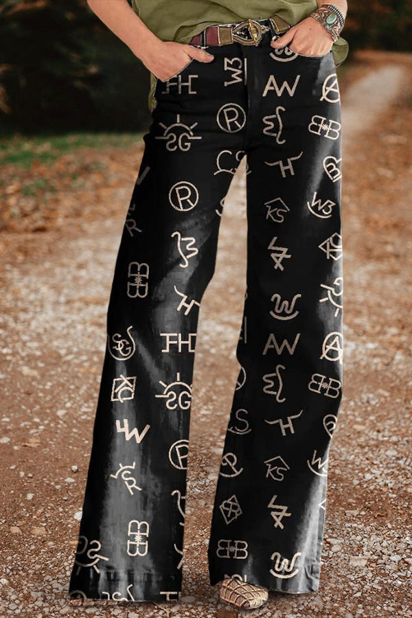 Vintage Western Symbol Print Casual Wide Leg Jeans