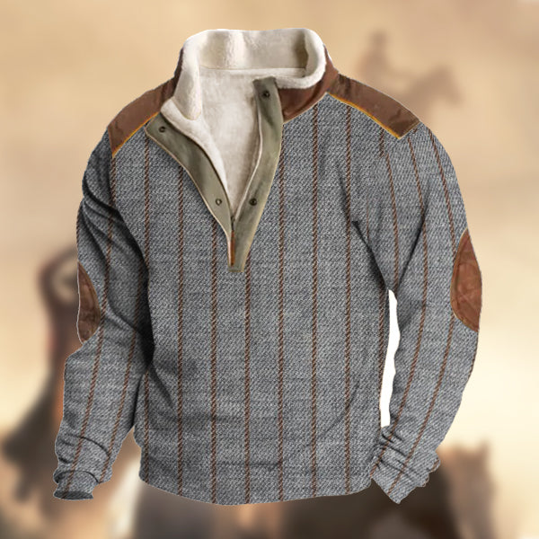 Men's Vintage Country Western Striped Wool Print Henley Stand Collar Casual Sweatshirt