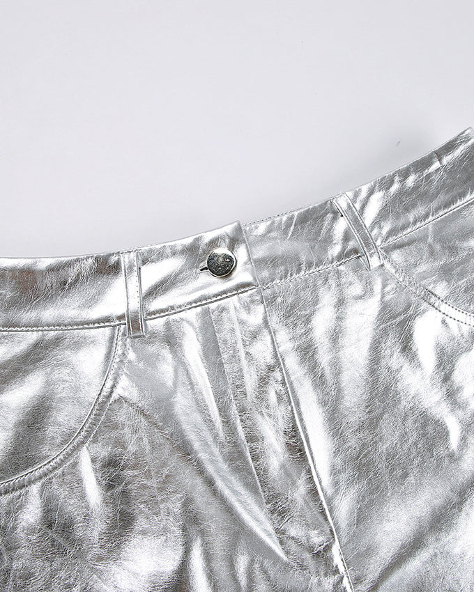 Silver Pu Leather High Waist Shorts