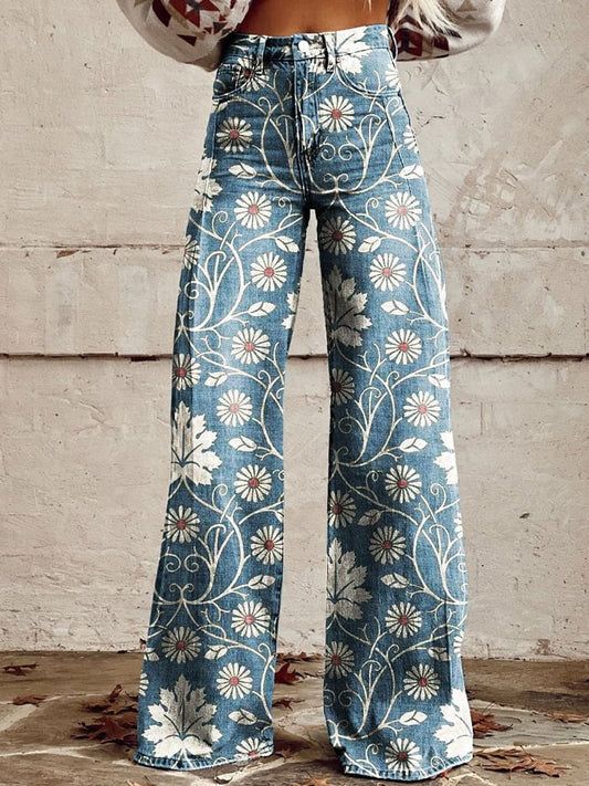 Women's Vintage Botanical Floral Wide Leg Pants