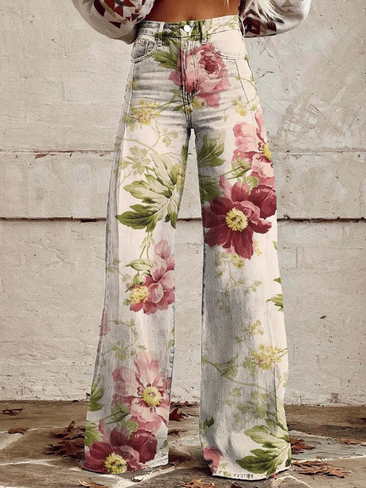 Women's Vintage Botanical Floral Wide Leg Pants