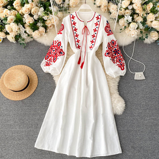 Bohemian Ethnic Style Embroidered Flower Round Neck Lantern Sleeve Long Dress Dresses