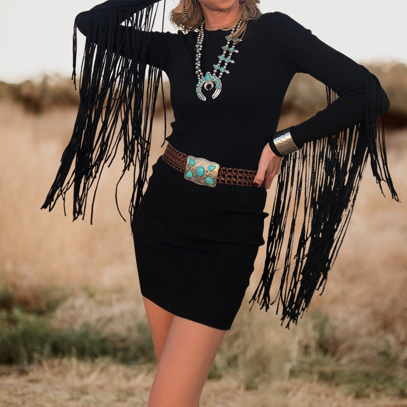 Flowing Fringed Long-sleeve Wrap Mini Dress