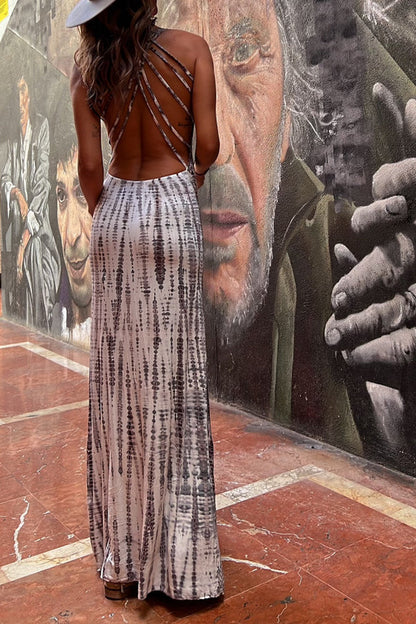 Modern Day Tie-dye Print Back Lace-up Stretch Maxi Dress