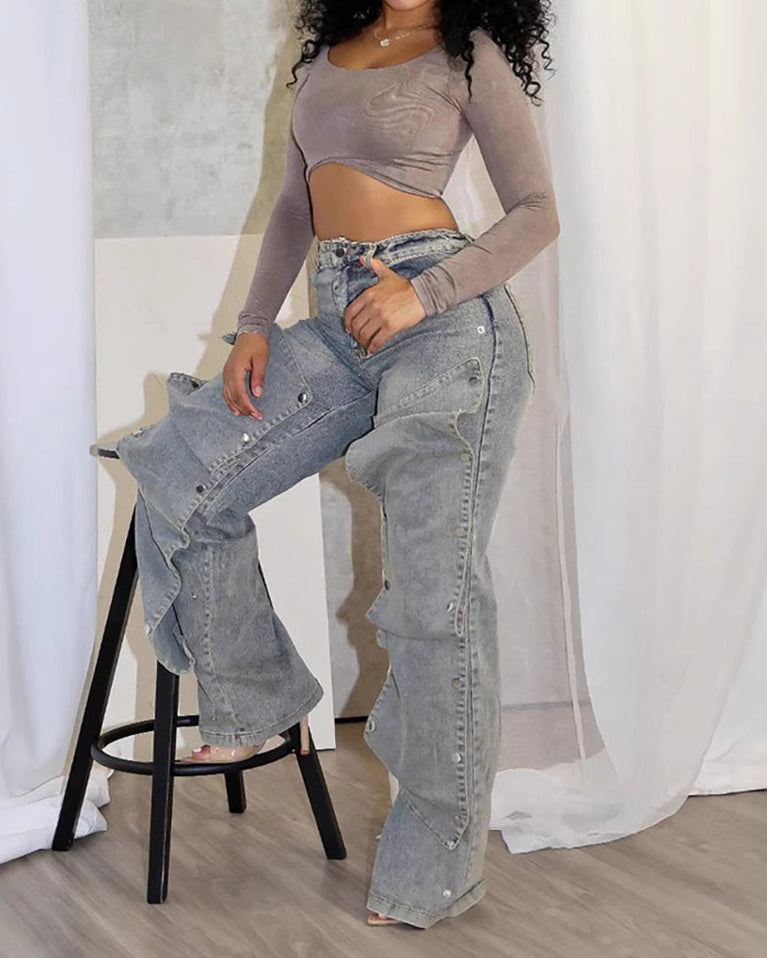 Detachable Concealed Buttoned Irregular Jeans