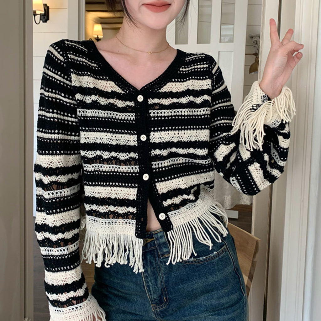 Spliced tassel Knitted Cardigan For Women, Autumn Contrast Stripes, Slimming, Hollow Short Long Sleeve Tops