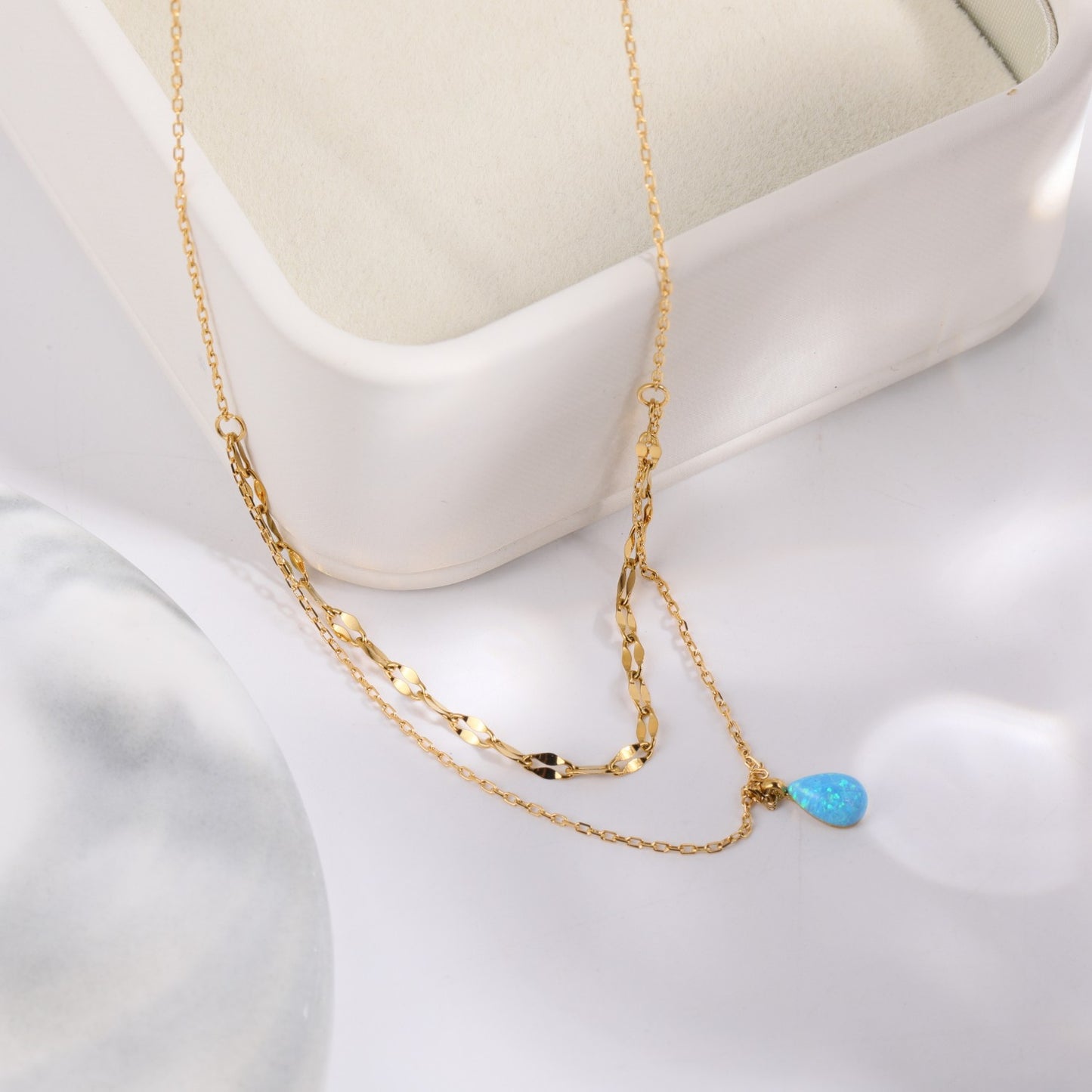 Women's Opal Blue Tear Drop Double Pendant Necklace