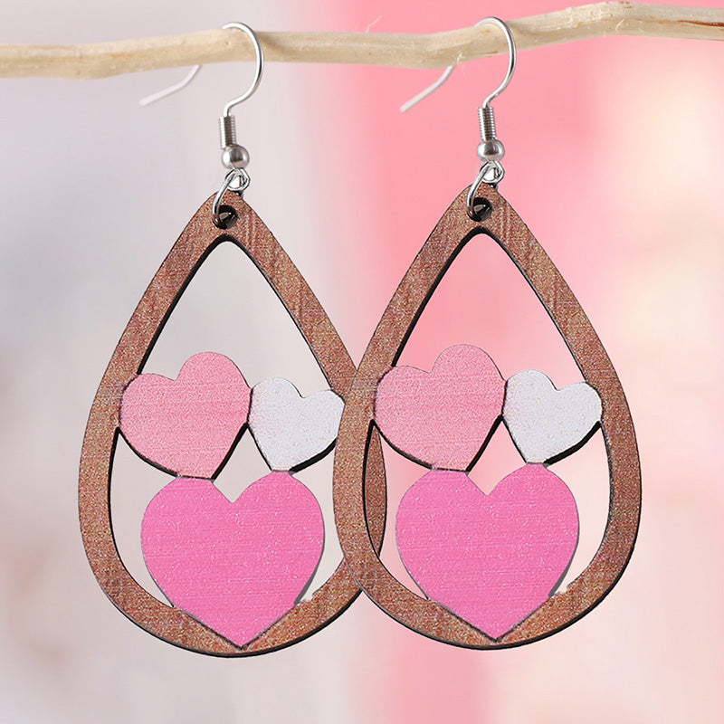 Valentine's Day Heart Patchwork Wooden Drop Earrings