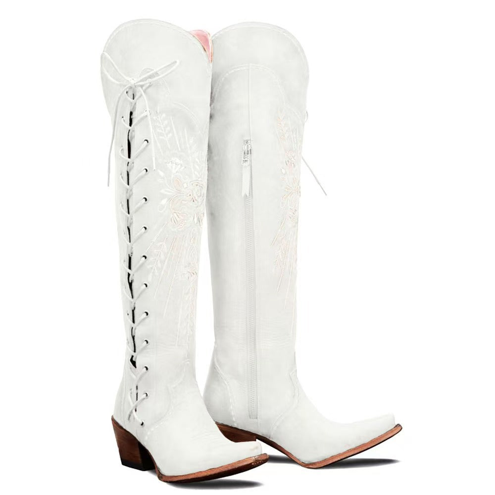 Womens Vintage Embroidered Lace-Up Western Boots