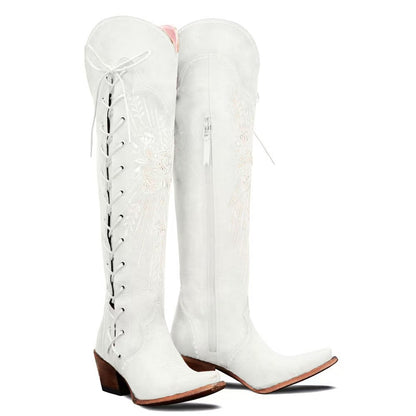 Womens Vintage Embroidered Lace-Up Western Boots